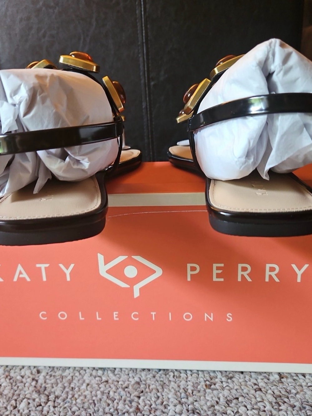 Katy Perry Collections Black Patent Slide Sandals with Amber Accent - Picture 5 of 6